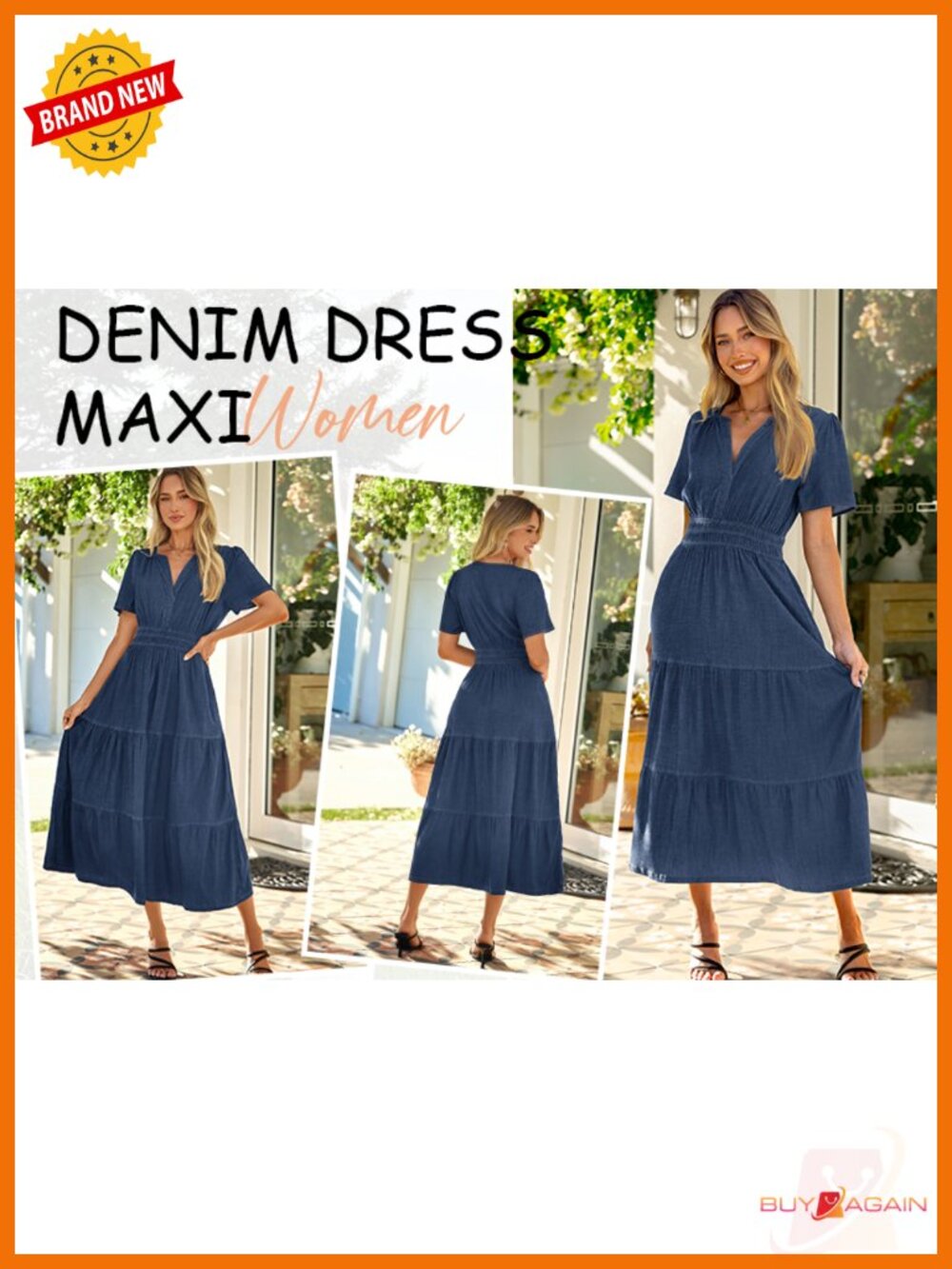 Simplee Denim Maxi Dress Short Sleeve V Neck Flowy Casual Summer Jean Dress - Picture 6 of 6